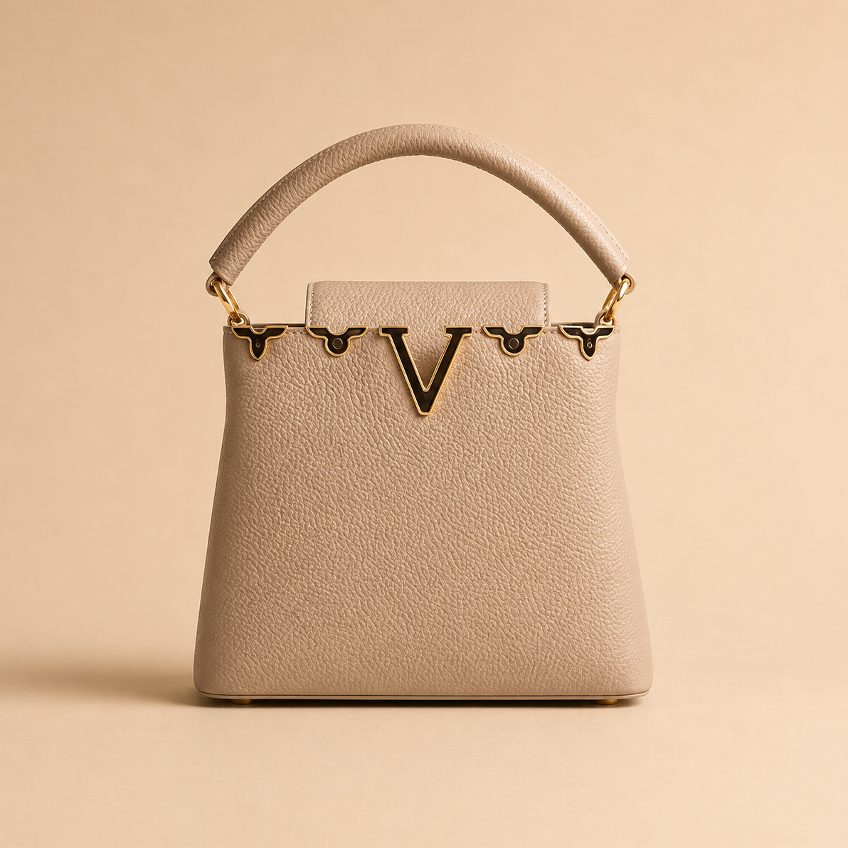 Elegant Beige Pebbled Leather Top Handle Handbag