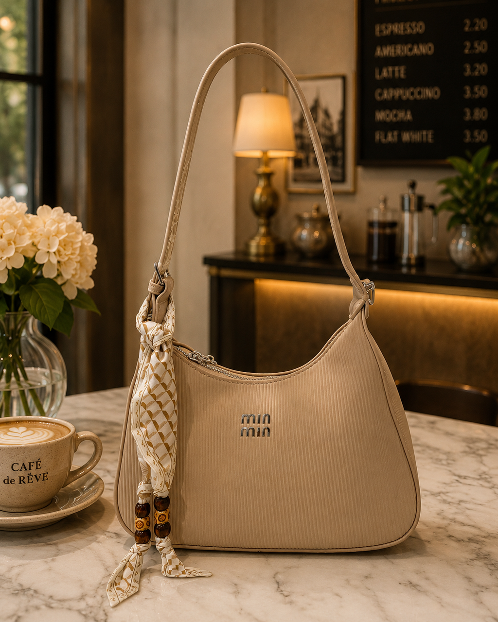 Brown Ribbed Shoulder Bag with Elegant Scarf Detail 🤎✨