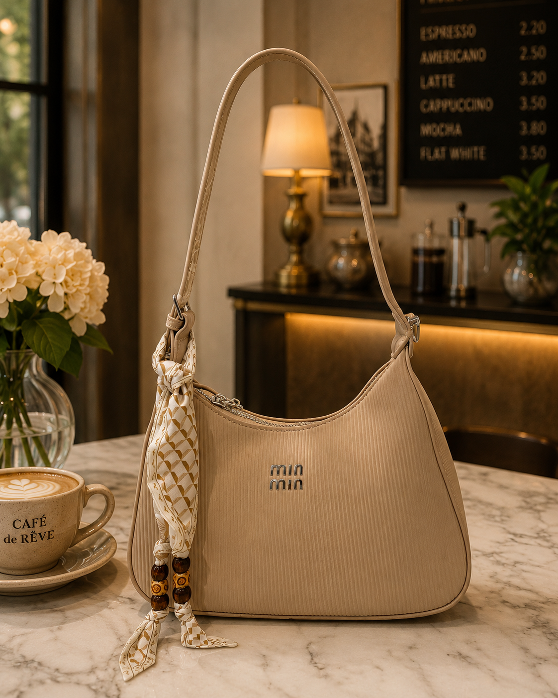 Beige Ribbed Shoulder Bag with Elegant Scarf Detail 🤎✨