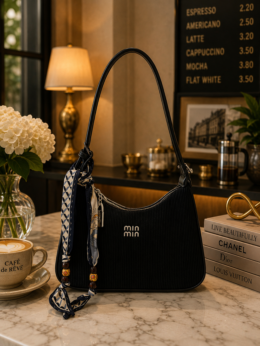 Brown Ribbed Shoulder Bag with Elegant Scarf Detail 🤎✨