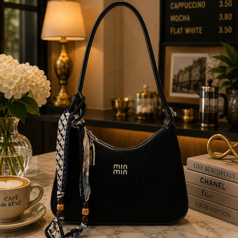 Black Ribbed Shoulder Bag with Elegant Scarf Detail 🖤✨