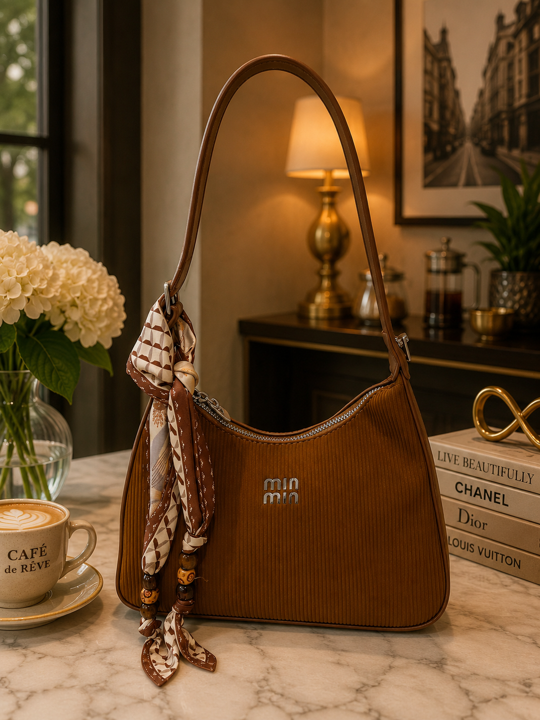 Brown Ribbed Shoulder Bag with Elegant Scarf Detail 🤎✨