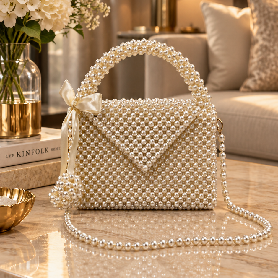 Pearl Collection. SILK N PEARL. Handmade Pearl Beaded Top Handle Bag with Bow