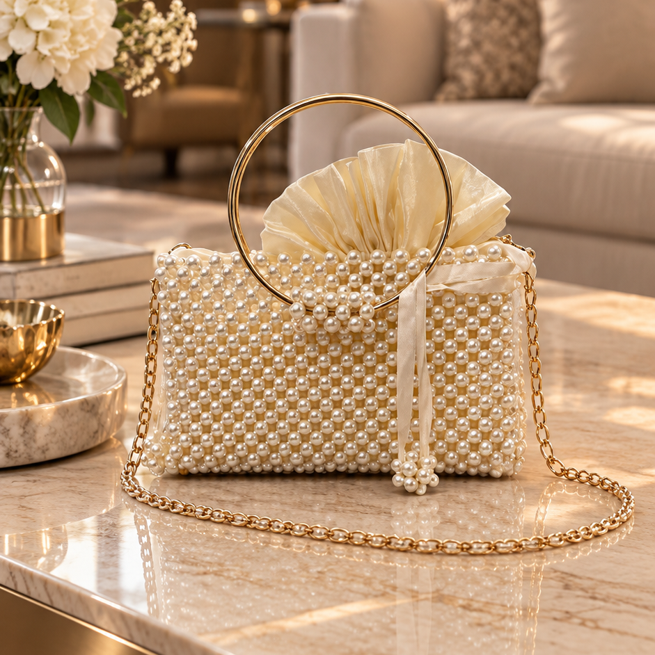 PEARL DROP . Handmade Pearl Beaded Top Handle Shoulder Bag