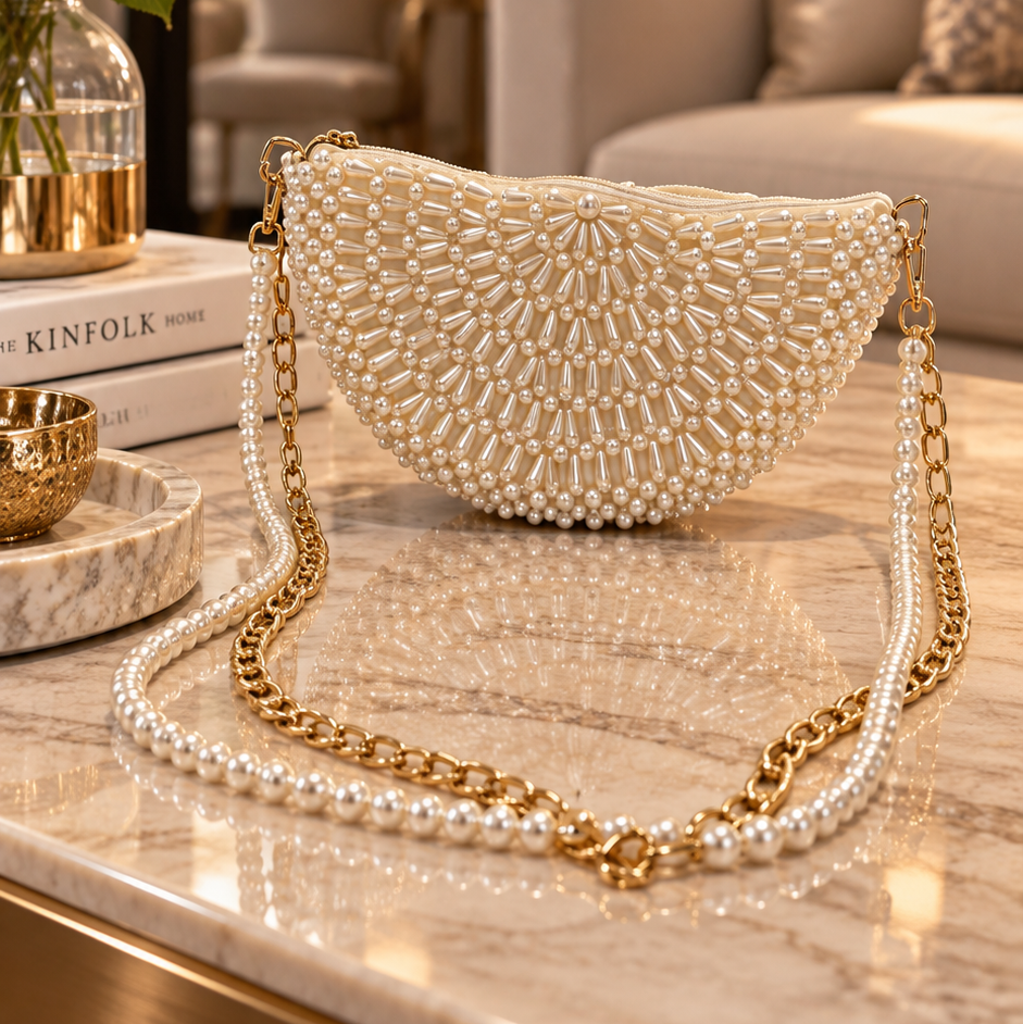 Pearl Collection. MOONLIGHT. Handmade Pearl Beaded Shoulder Bag