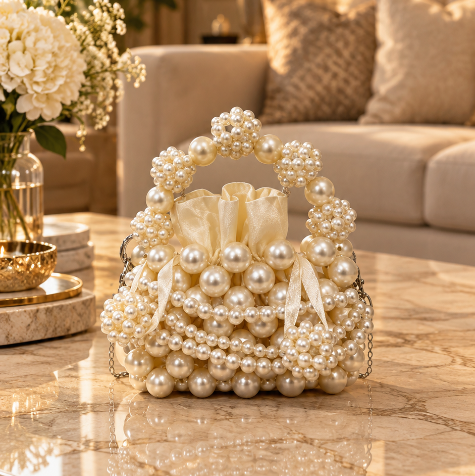 Pearl Collection. LUMINA PEARL . Handmade Pearl Embellished Drawstring  Handbag