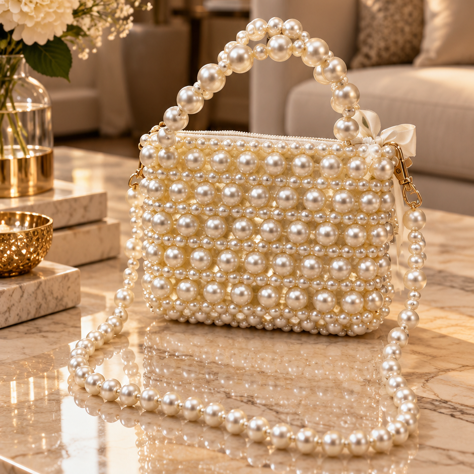 PEARL ELEGANCE. Handmade Pearl Embellished Top Handle Shoulder Bag