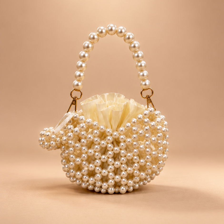 Pearl Collection. HEART OF PEARLS.  Pearl Beaded  Bucket Bag with Pearl Handle
