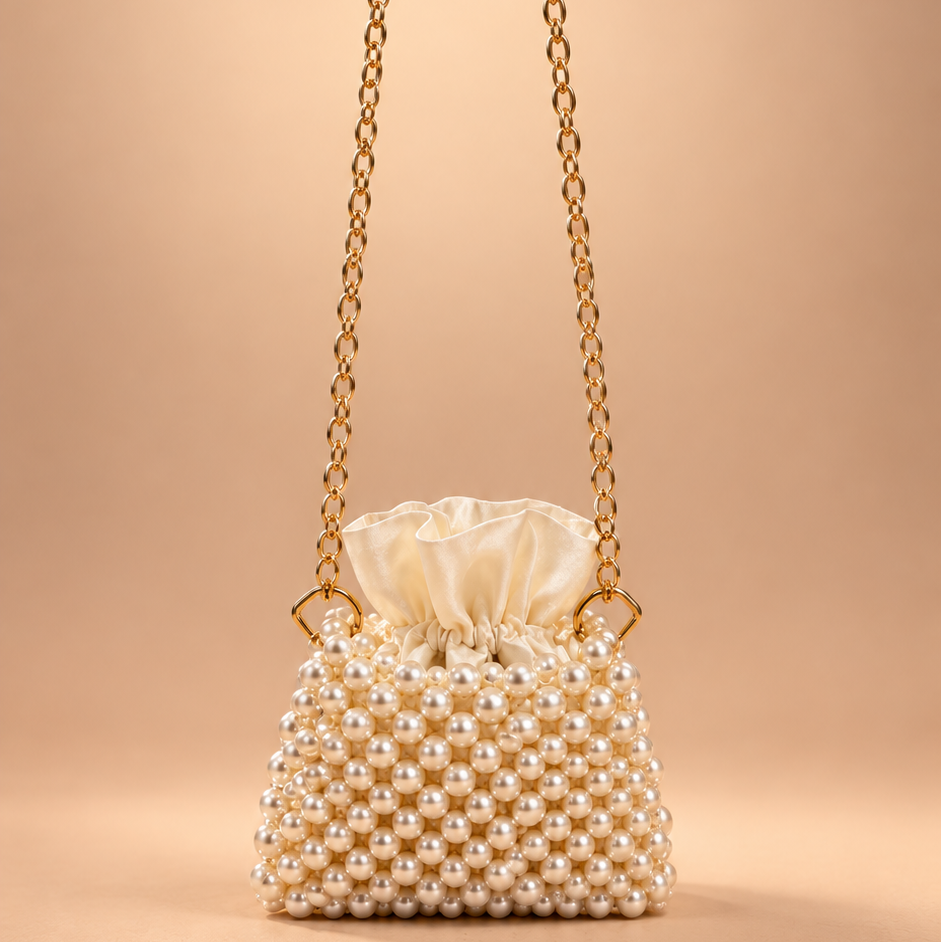 Pearl Collection.IVORY PEARL. Handmade Pearl Beaded Mini Drawstring Bucket Bag