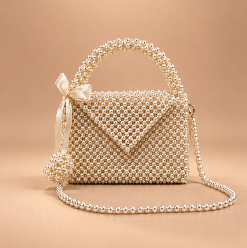 Pearl Collection. SILK N PEARL. Handmade Pearl Beaded Top Handle Bag with Bow