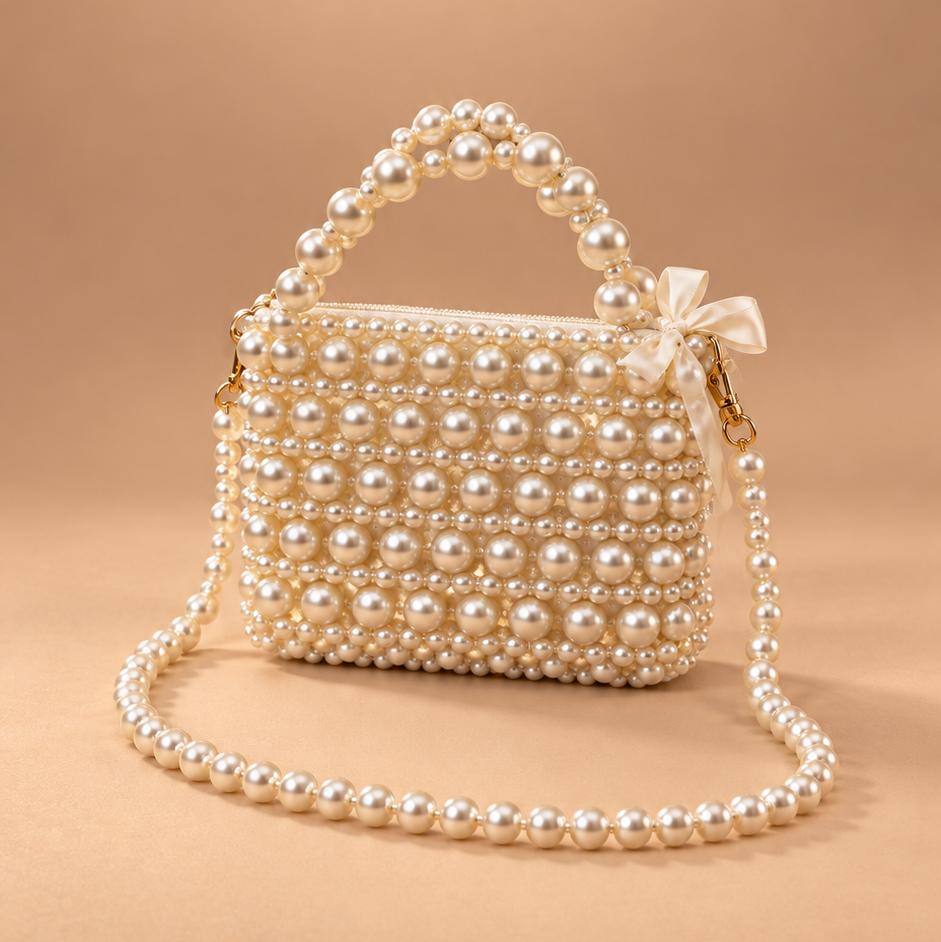 PEARL ELEGANCE. Handmade Pearl Embellished Top Handle Shoulder Bag
