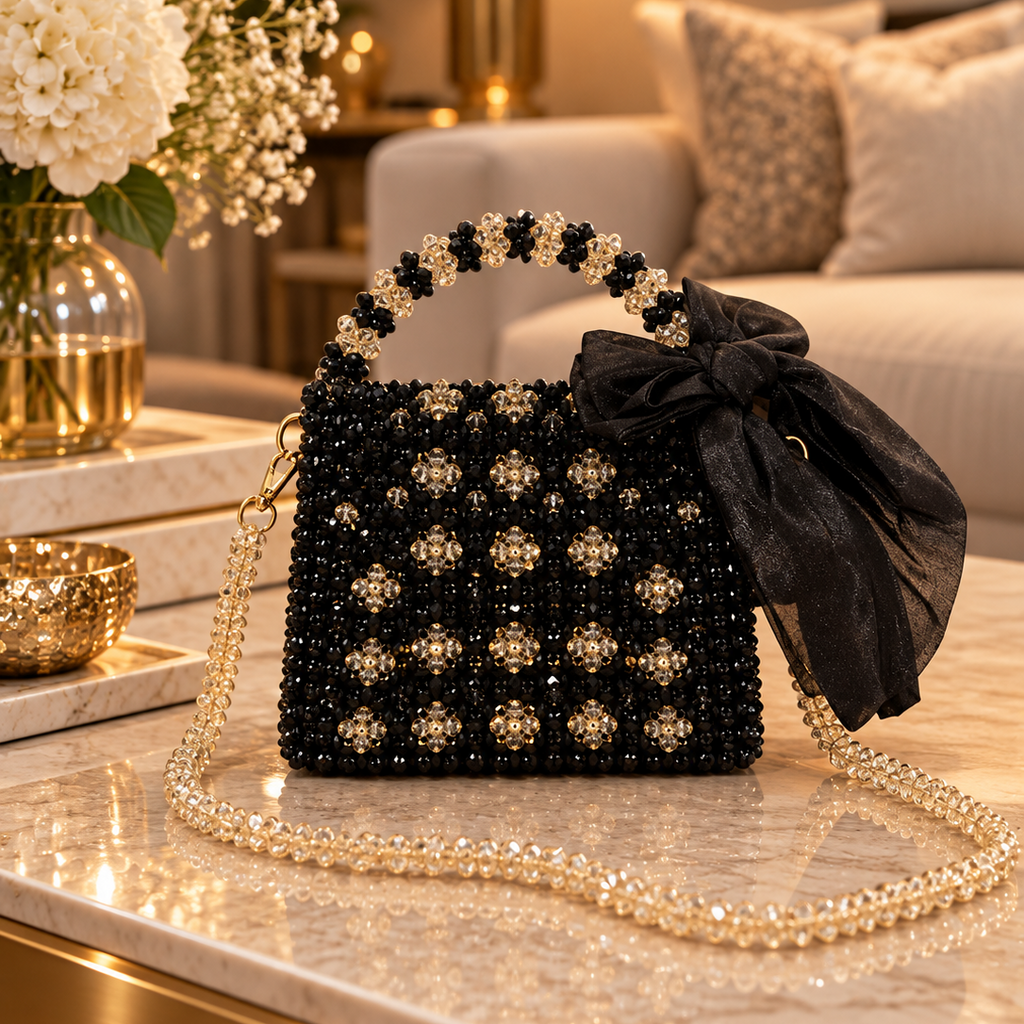 Pearl Collection.MIDNIGHT SPARKLE. HANDMADE Black Beaded Crystal  Bow Shoulder Bag