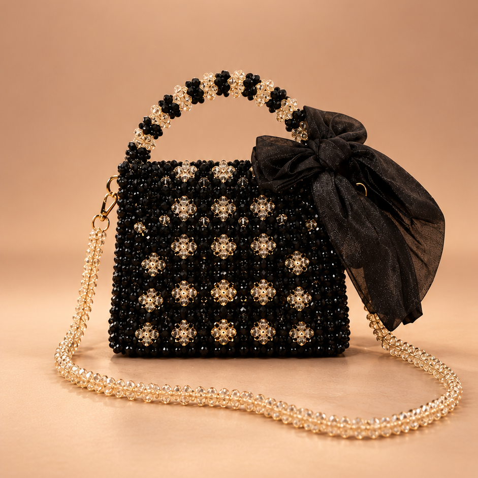 Pearl Collection.MIDNIGHT SPARKLE. HANDMADE Black Beaded Crystal  Bow Shoulder Bag