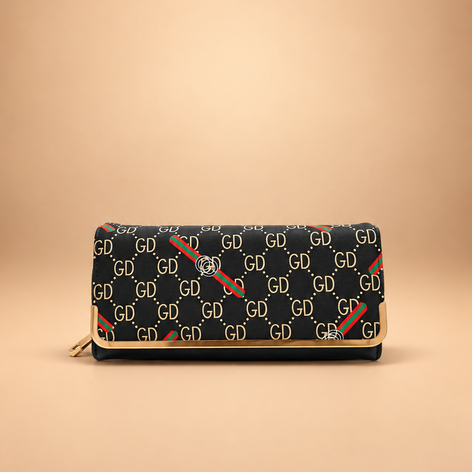 Black Monogram Pattern Foldover Clutch / Wallet