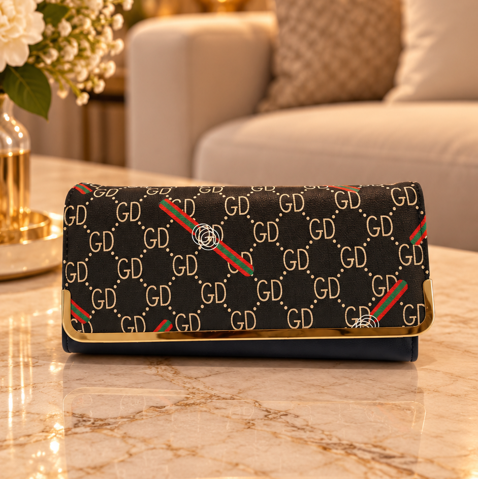 Black Monogram Pattern Foldover Clutch / Wallet
