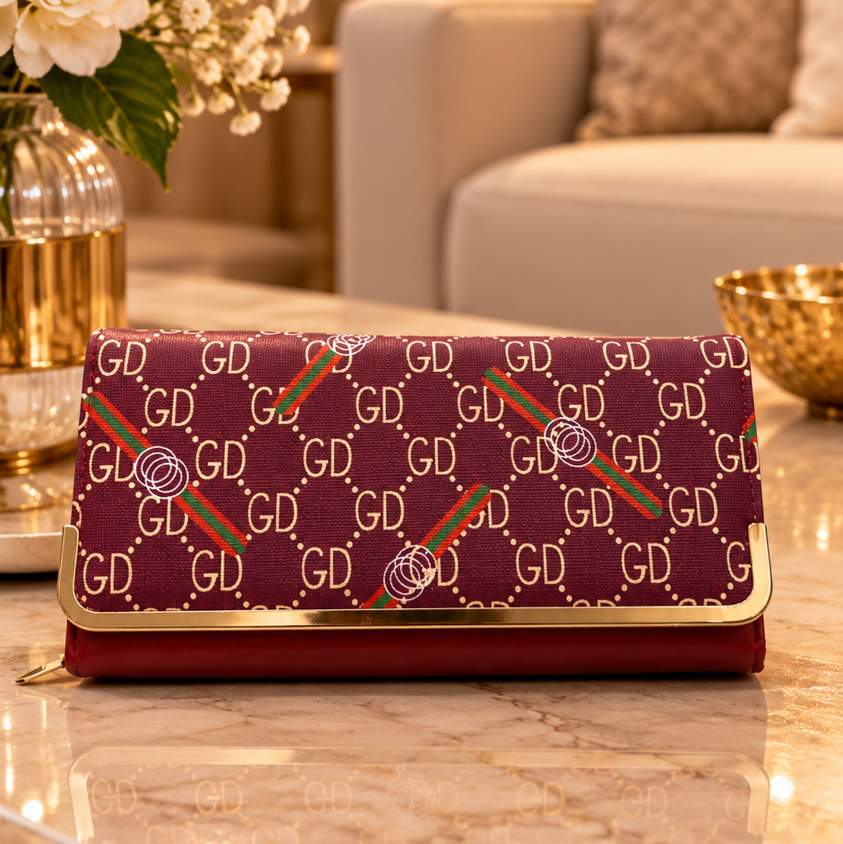 Burgundy Patterned Foldover Clutch / Wallet