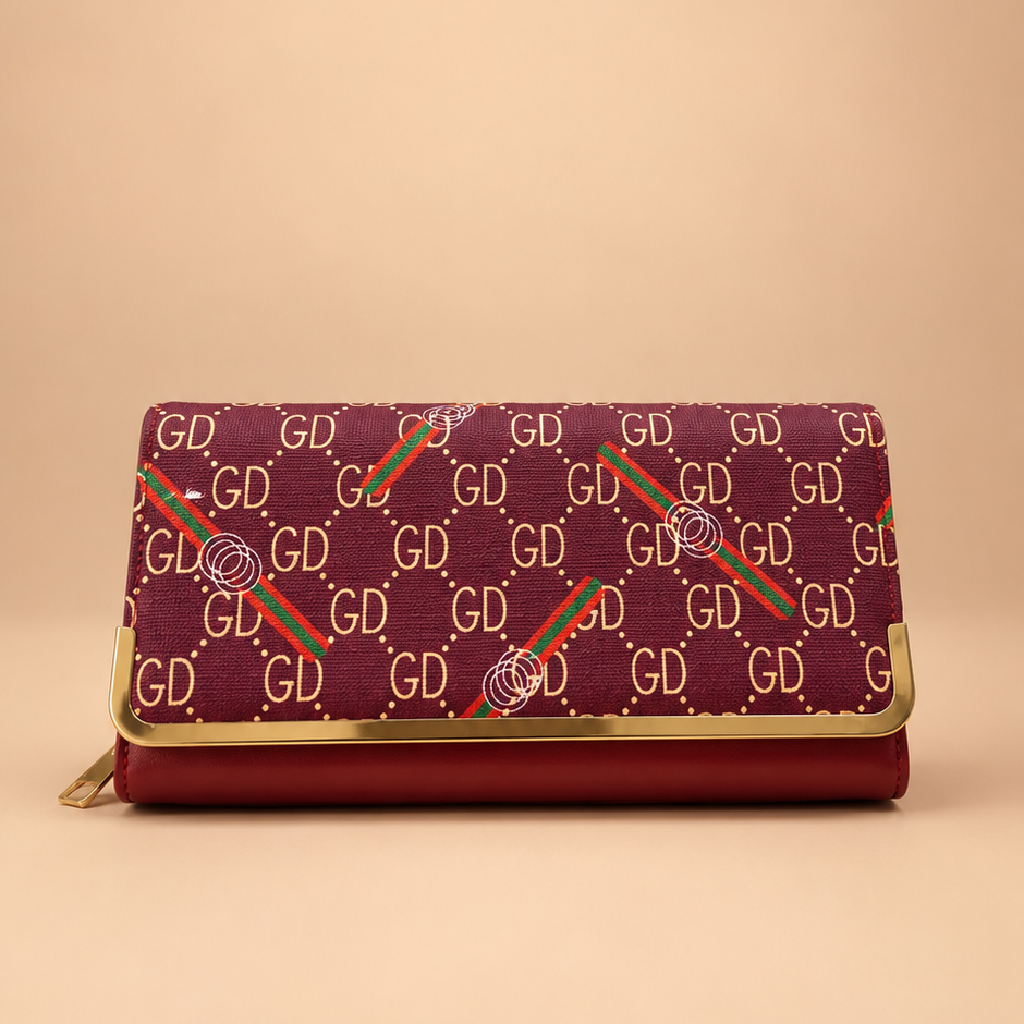 Burgundy Patterned Foldover Clutch / Wallet