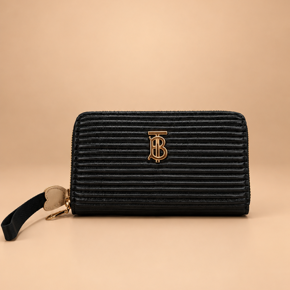 Black Ribbed Leather Wristlet Wallet