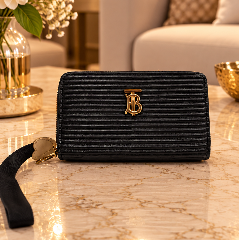 Black Ribbed Leather Wristlet Wallet