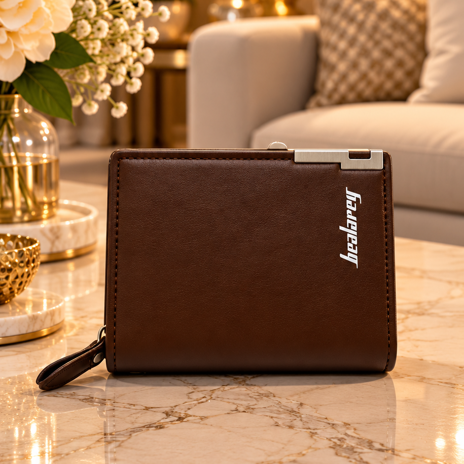 Brown Structured Leather Wristlet Clutch
