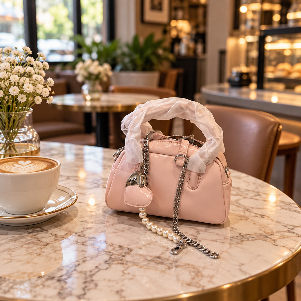 Blush Pink Patent Leather Handbag with Chain Detail