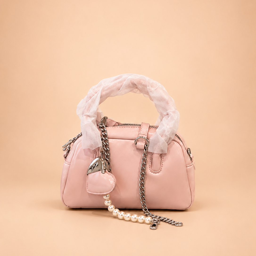 Blush Pink Patent Leather Handbag with Chain Detail