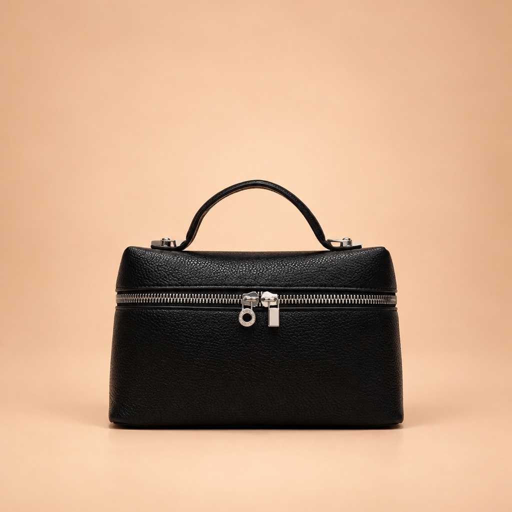 Black Textured Leather Vanity Style Handbag