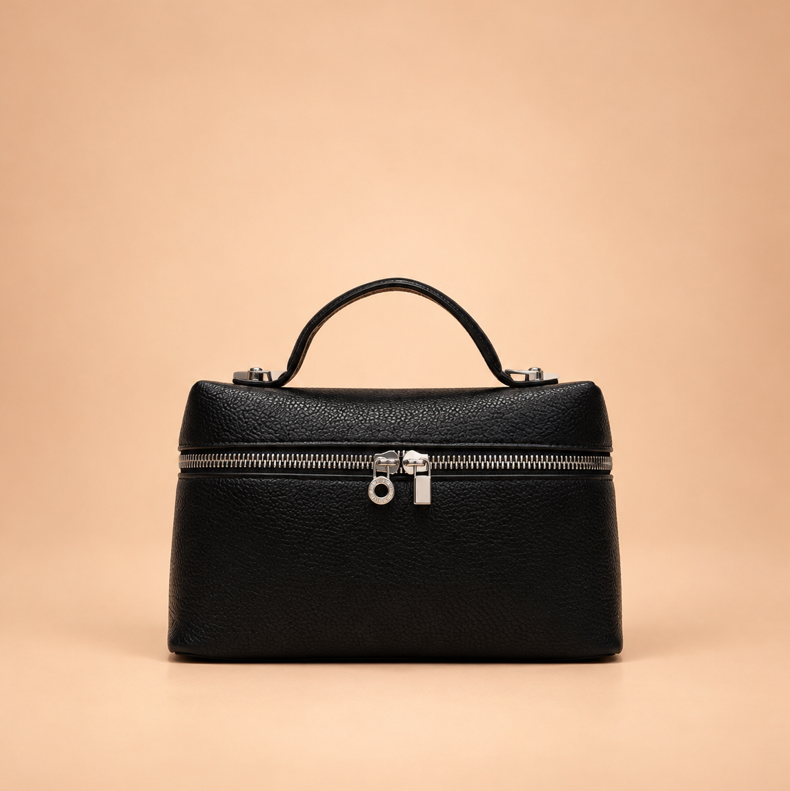 Black Textured Leather Vanity Style Handbag