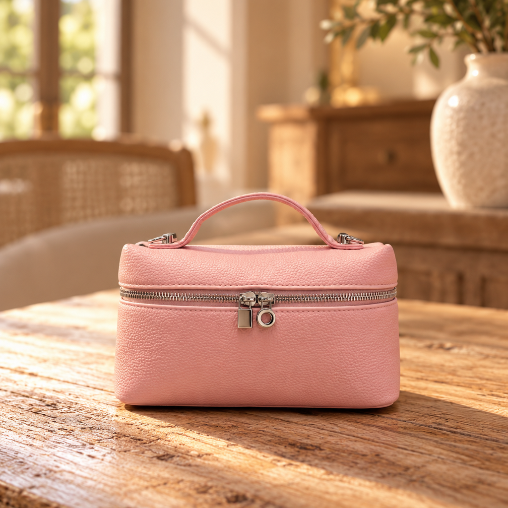 Blush Pink Textured Leather Vanity Style Handbag