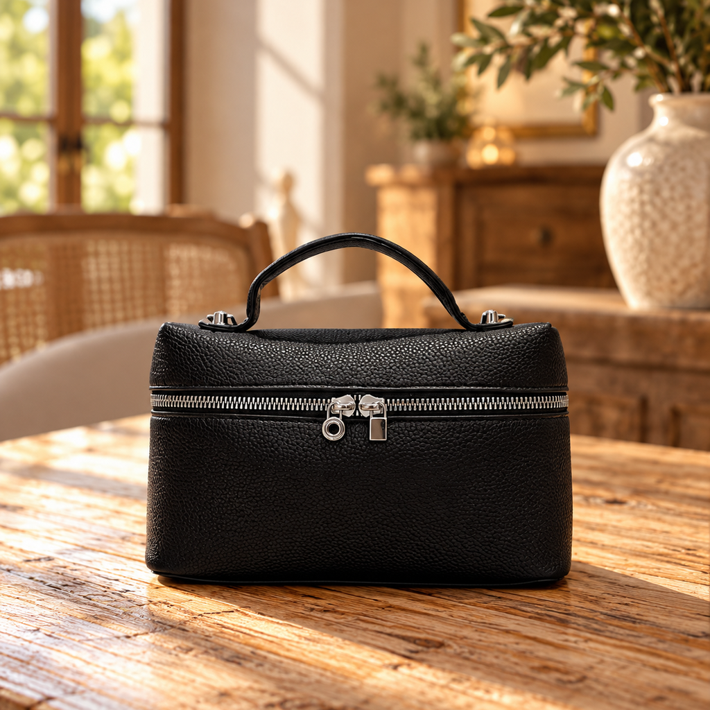 Black Textured Leather Vanity Style Handbag