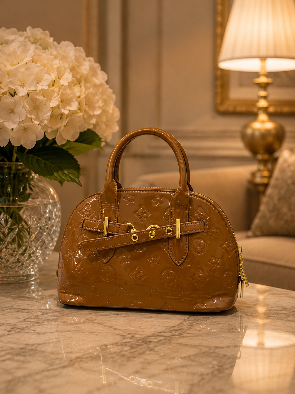 Caramel Brown Embossed Glossy Dome Handbag