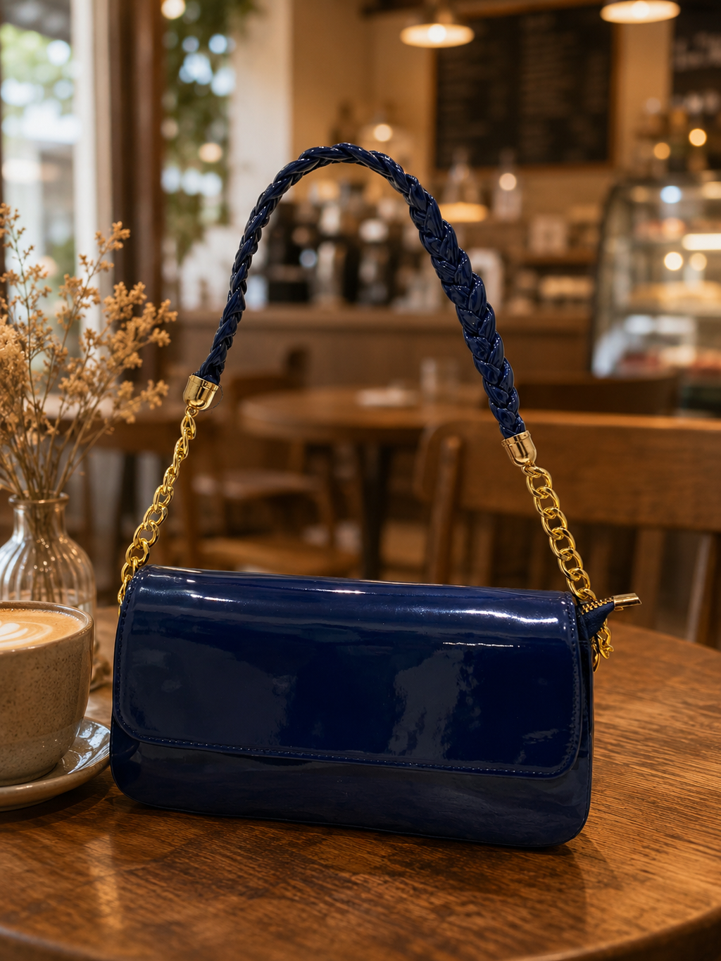 Navy Blue Patent Braided-Strap Shoulder Bag