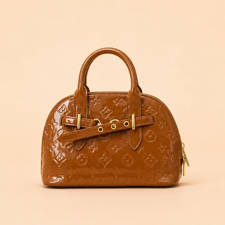 Caramel Brown Embossed Glossy Dome Handbag