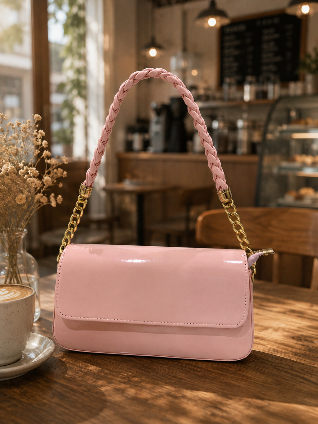 Soft Pink Patent Braided-Strap Shoulder Bag