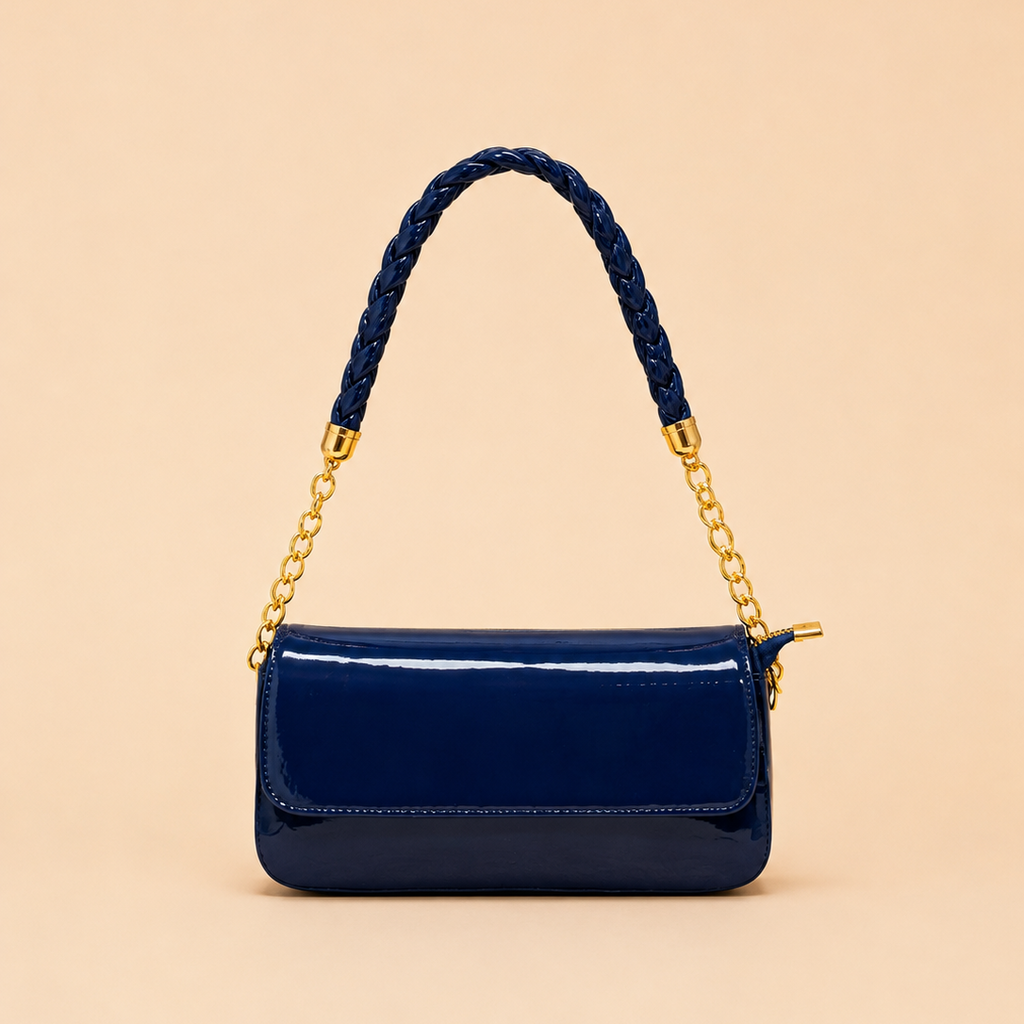 Navy Blue Patent Braided-Strap Shoulder Bag