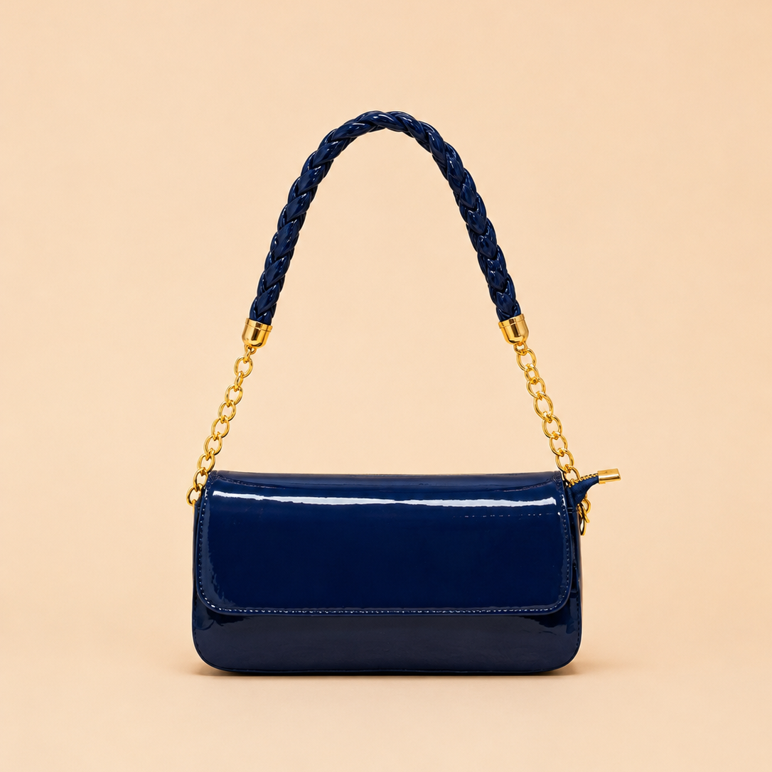 Navy Blue Patent Braided-Strap Shoulder Bag