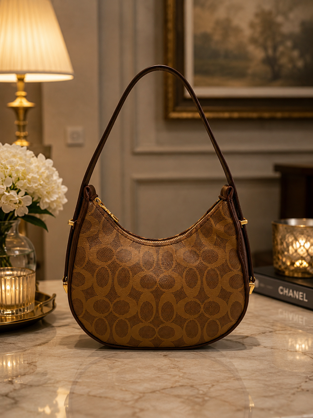 Khaki Canvas Monogram Crescent Shoulder Bag