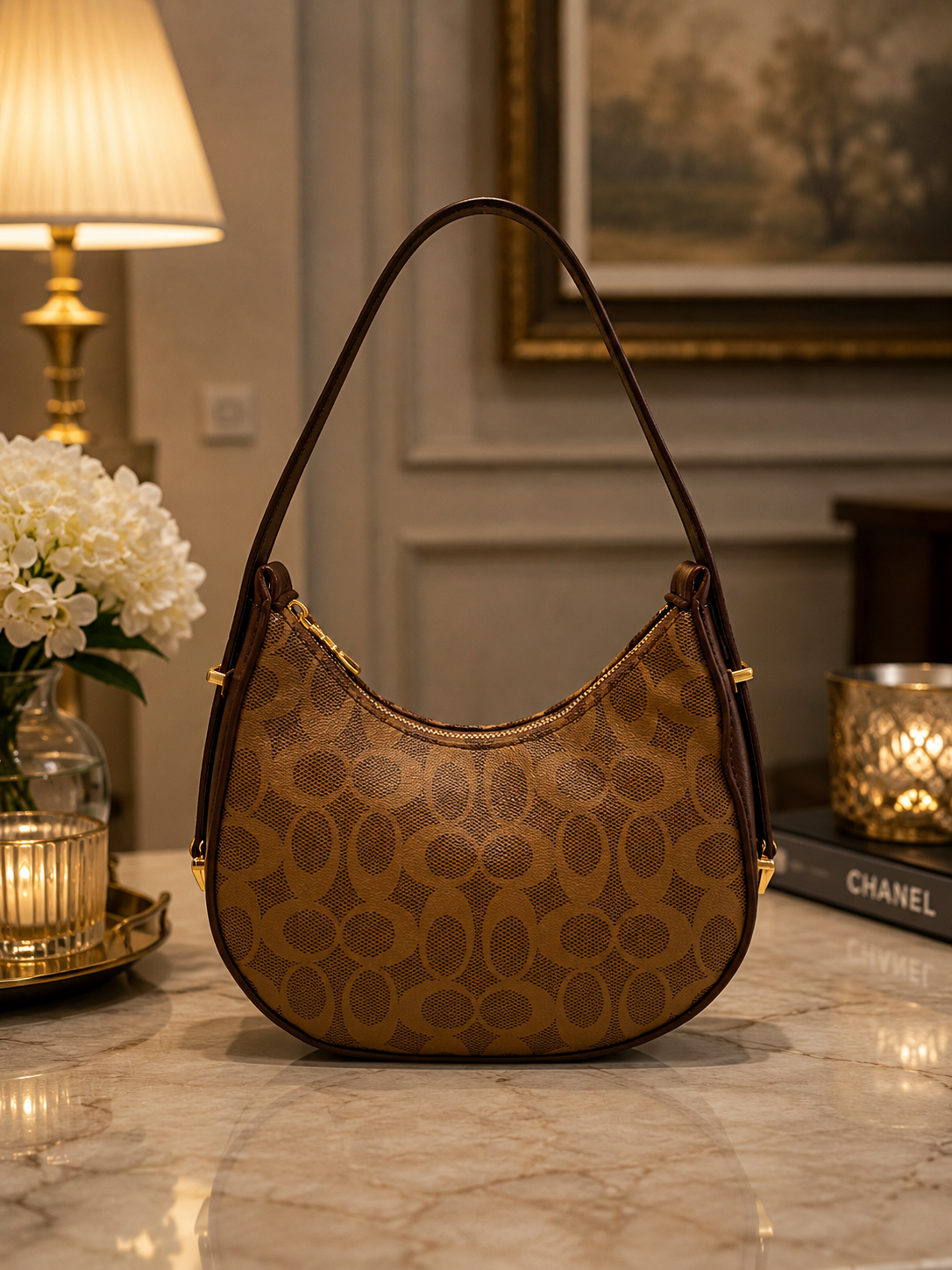 Khaki Canvas Monogram Crescent Shoulder Bag