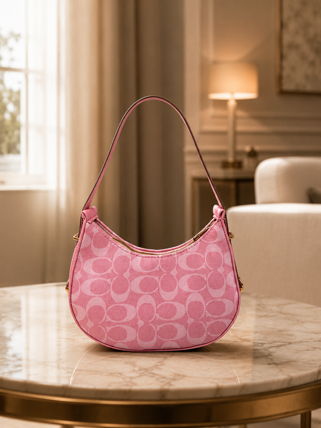 Pink Canvas Monogram Crescent Shoulder Bag