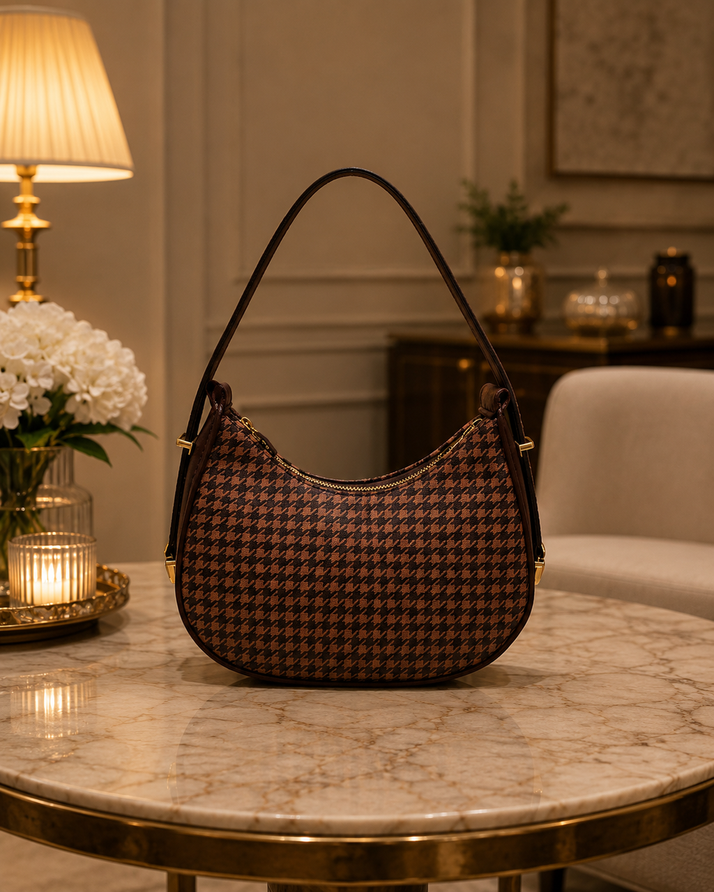 Brown Houndstooth Crescent Shoulder Bag