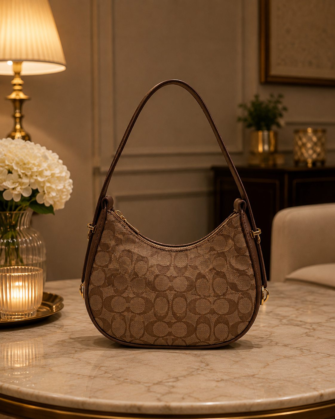 Brown Canvas Monogram Crescent Shoulder Bag