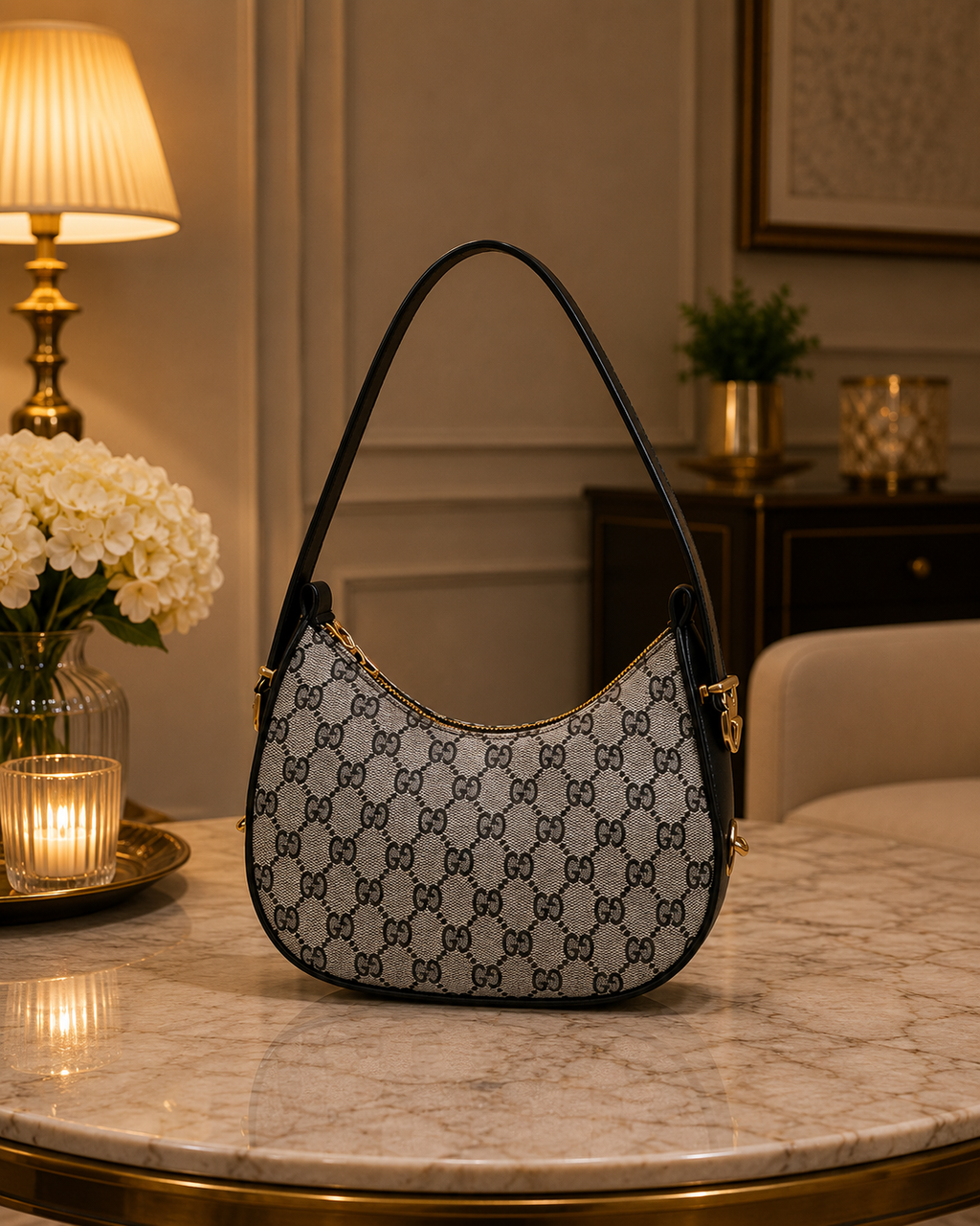 Black Vintage Monogram Crescent Shoulder Bag