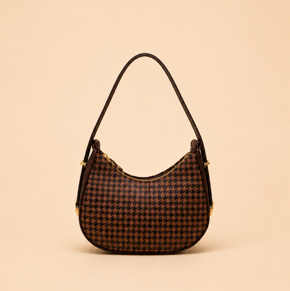 Brown Houndstooth Crescent Shoulder Bag