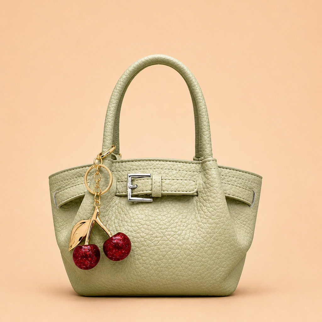 Sage Green Pebbled Mini Tote with Cherry Charm