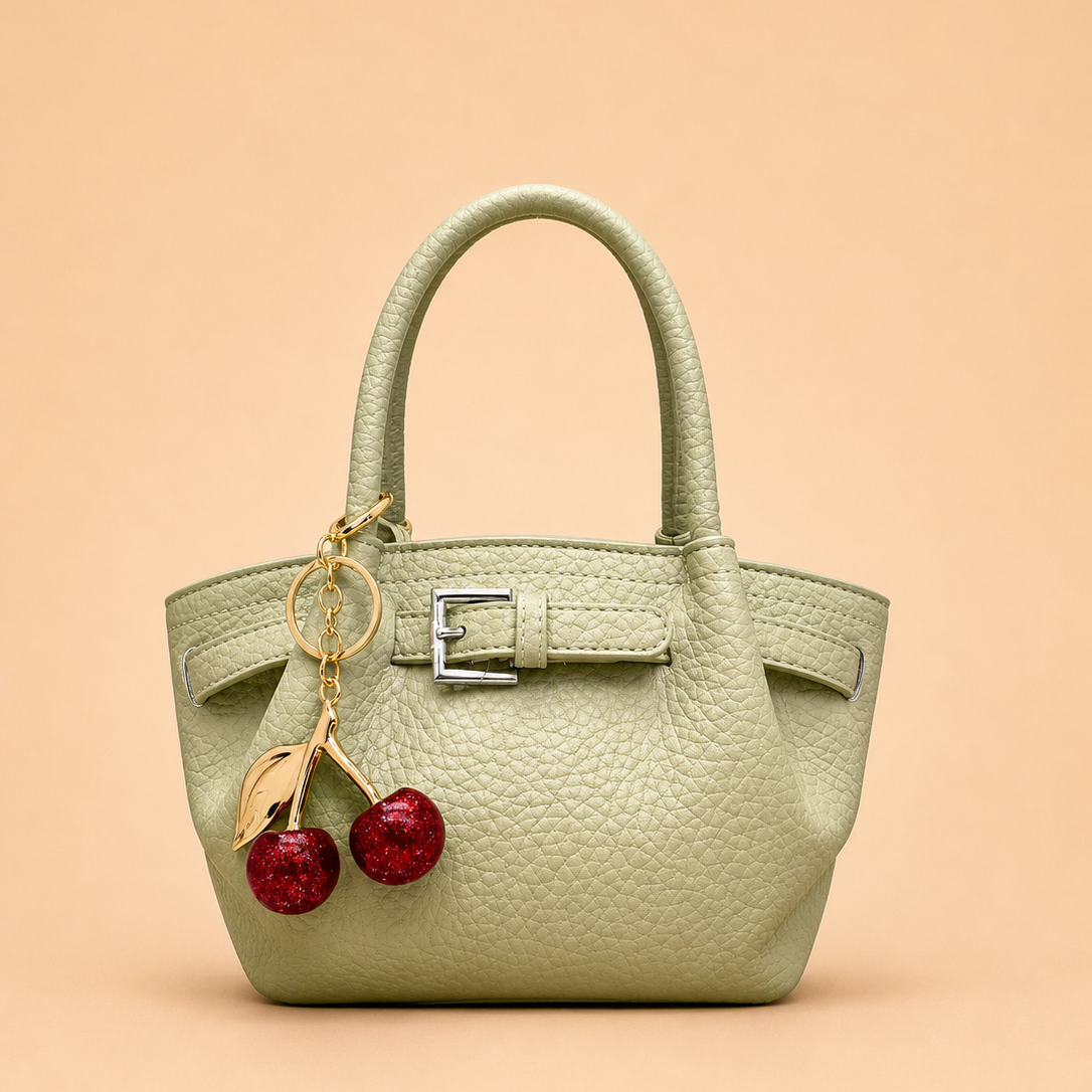 Sage Green Pebbled Mini Tote with Cherry Charm