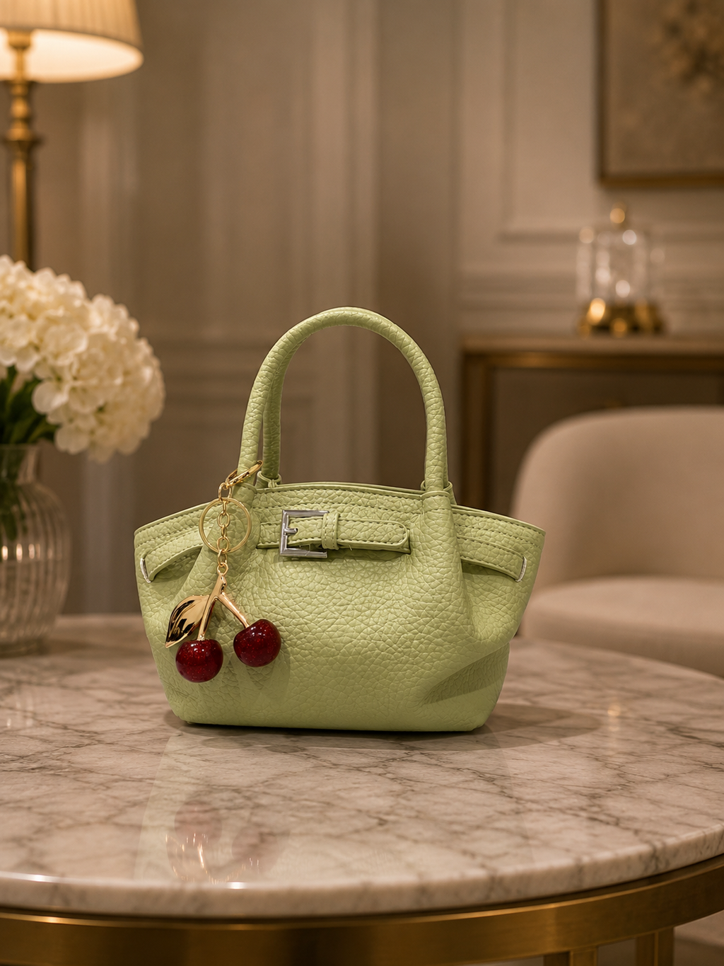 Sage Green Pebbled Mini Tote with Cherry Charm