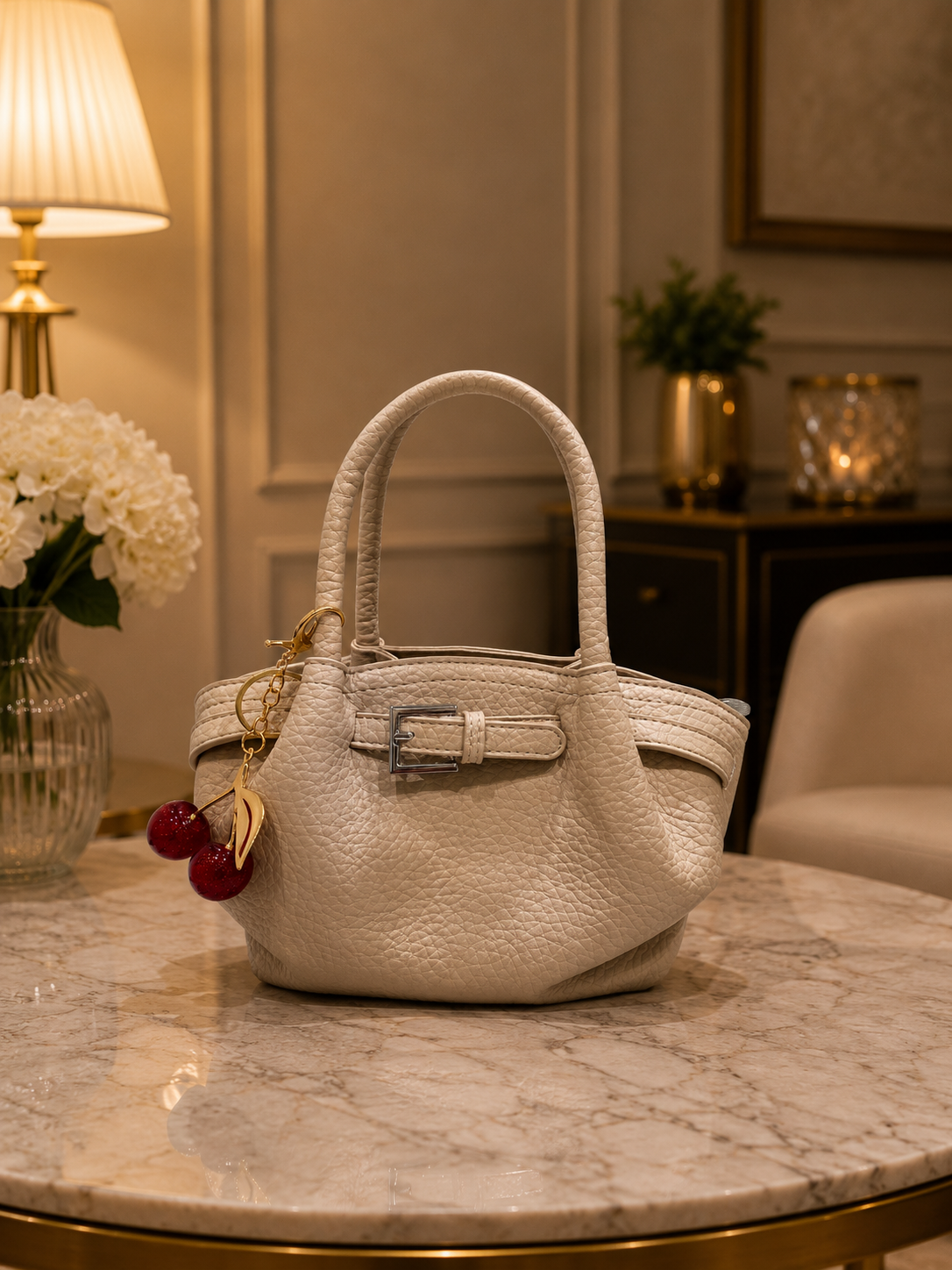 White Pebbled Mini Tote with Cherry Charm