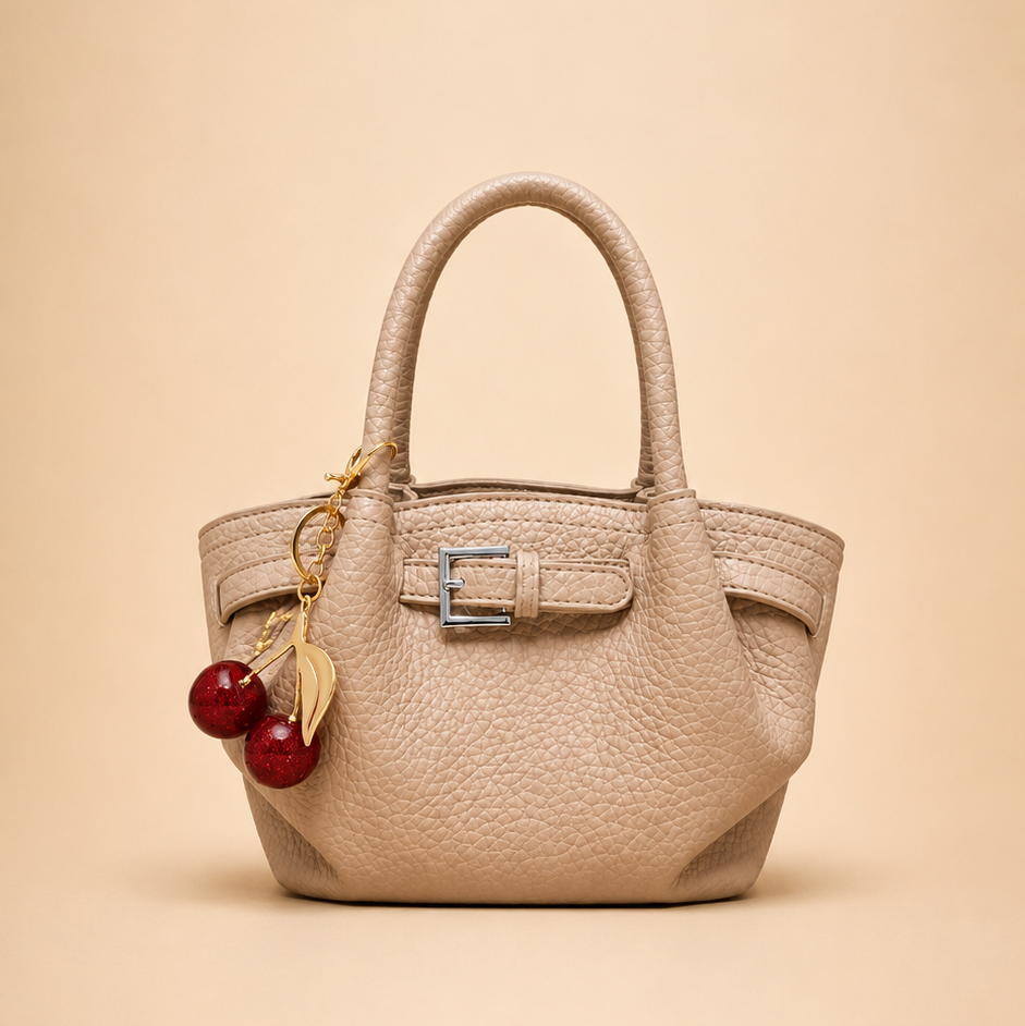 White Pebbled Mini Tote with Cherry Charm