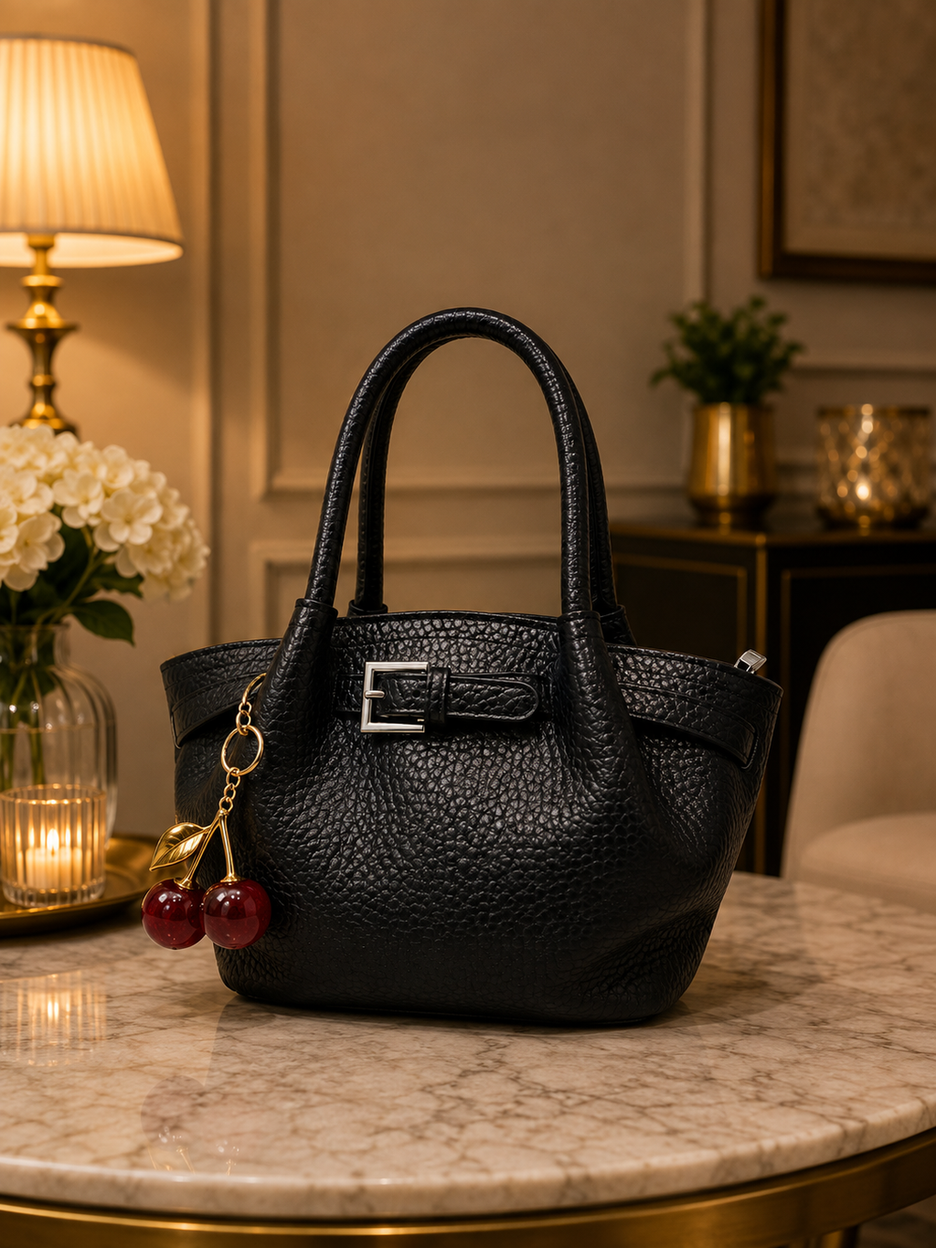 Black Pebbled Mini Tote with Cherry Charm