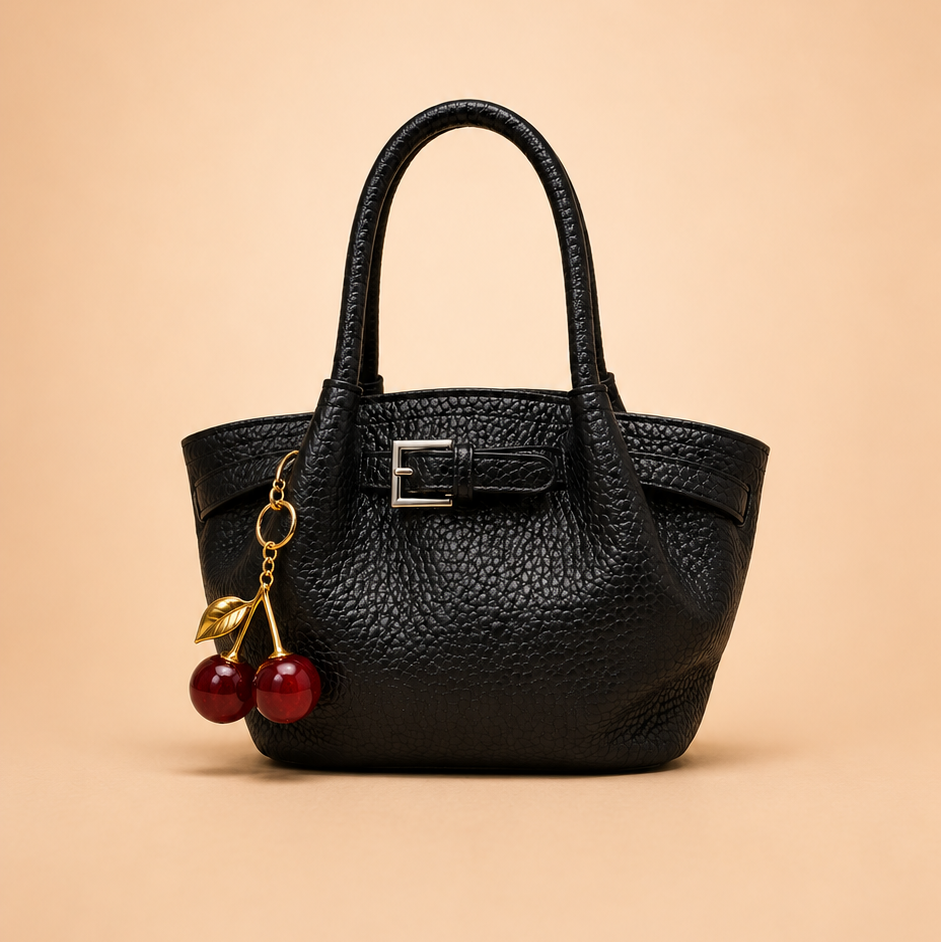 Black Pebbled Mini Tote with Cherry Charm